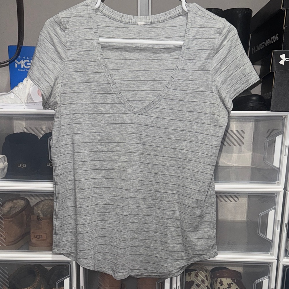 Lululemon Athletica Light Gray Striped V-Neck Tee
